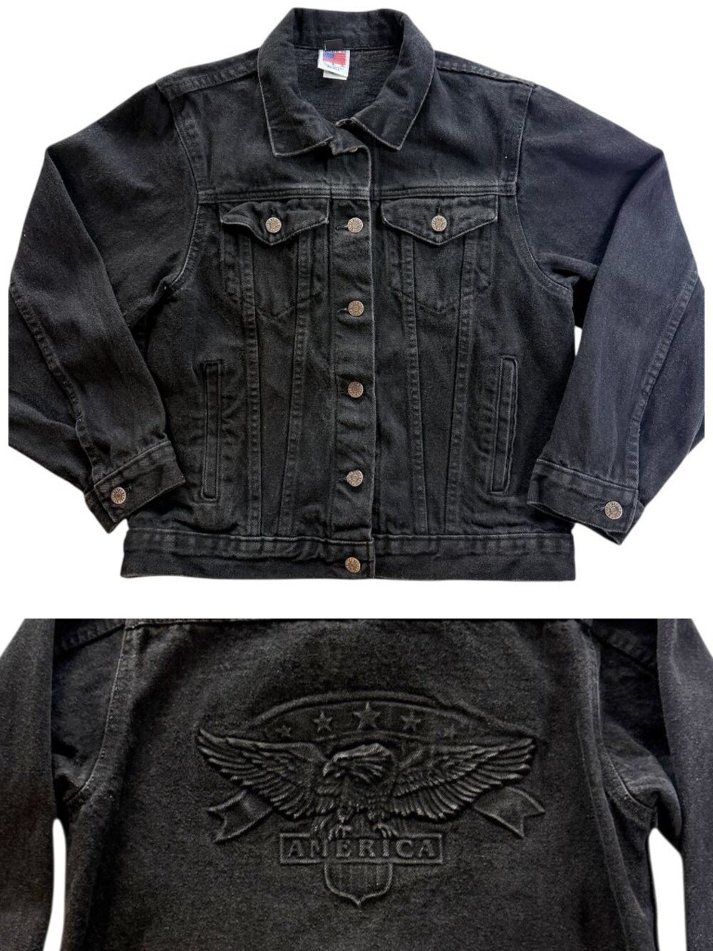 VTG Tyca Denim Jacket Small Made in USA Black Embossed Eagle America Trucker 90s